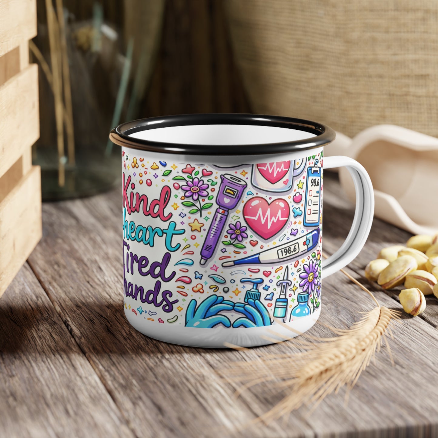 Kind Heart Tired Hands Enamel Camp Cup — Nurse & Healthcare Worker Gift